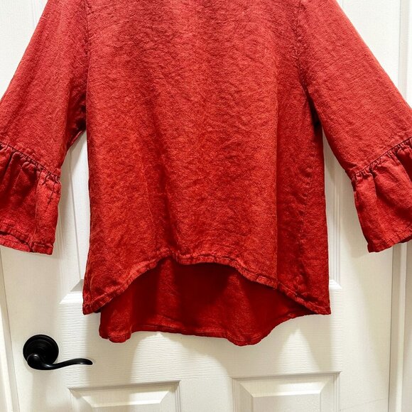 Bryn Walker Women's 100% Linen Tunic Top  Size S Red Ruffle Sleeves Hi Low Boho - Picture 10 of 13